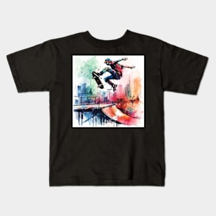 Kid riding a skateboard on a jump Kids T-Shirt